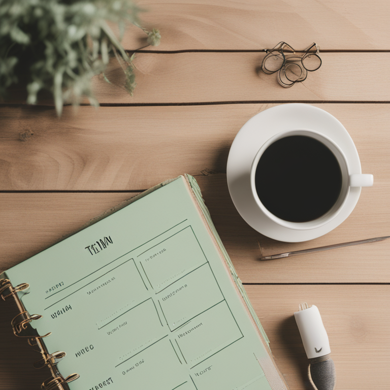 A clean, top-down flat-lay photograph of an open weekly planner on a wooden desk. Several time slots are filled with typical work entries like 'Reunión Equipo' or 'Entregar Informe'. However, one large block of time in the middle of the afternoon is highlighted in a soft, calming color (like sage green) and clearly labeled 'TIEMPO LENTO (No negociable)'. A hand is holding a pen next to the planner, reinforcing the idea of intentional scheduling. Style: Bright, organized, and modern aesthetic. Keywords: planning, scheduling rest, intentional, work-life balance.