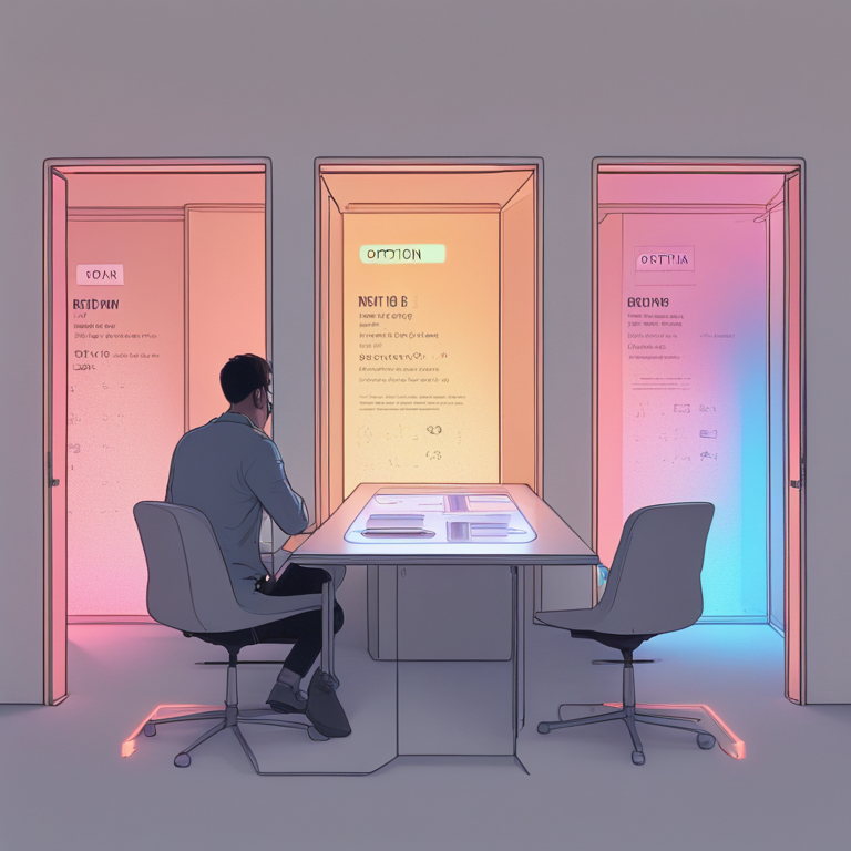 Persona usando una pantalla holográfica de IA para analizar pros y contras de dos decisiones, simbolizando la toma de decisiones estratégicas asistida por IA.