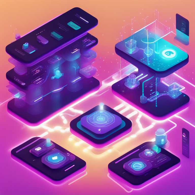 Visualización 3D de un motor de operaciones de IA, con un hub central conectado a iconos de aplicaciones como WordPress y LinkedIn mediante flujos de datos luminosos, representando la automatización de flujos de trabajo.