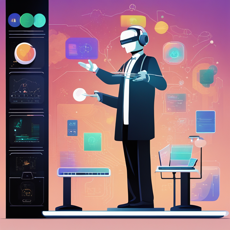 Un solopreneur actúa como director de una orquesta de IA, dirigiendo interfaces holográficas que representan estrategia, diseño, contenido y operaciones.