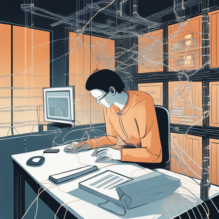 A powerful, symbolic illustration depicting the 'productivity trap'. A person sits slumped at a modern desk, entangled in glowing digital chains that connect them to a giant, ticking clock and a never-ending to-do list that morphs into a cage around them. The atmosphere is dark and claustrophobic, with the only light coming from the demanding screens and clock face. Style: Stylized, slightly surreal digital art, with a cool, blue-toned palette contrasted by the harsh white glow of the productivity symbols. Mood: Overwhelming, anxious, trapped.