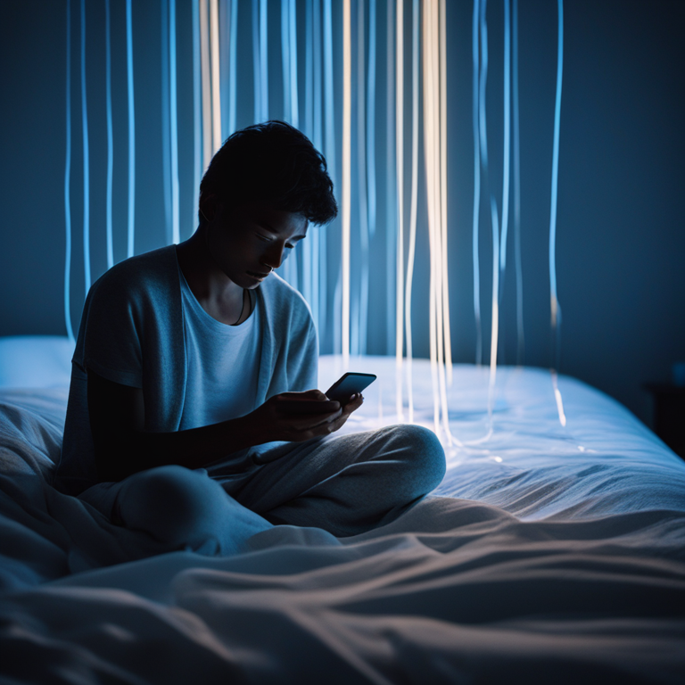 Una persona en una habitación oscura, iluminada únicamente por la luz azul de su móvil, simbolizando la sensación de estar atrapado por la tecnología.