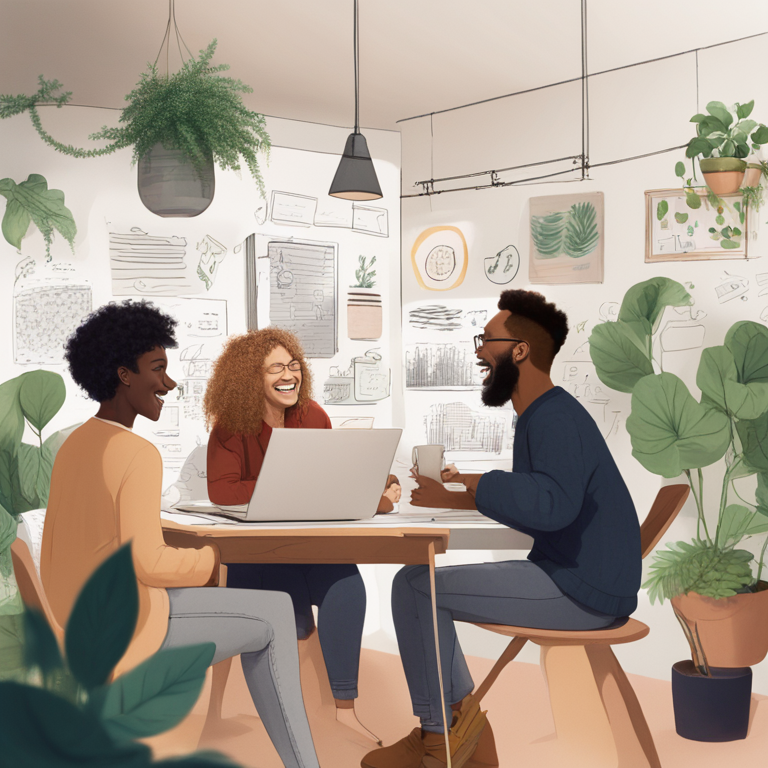 Diverse group of digital nomads laughing and collaborating in a bright, modern coliving space, representing a supportive community.