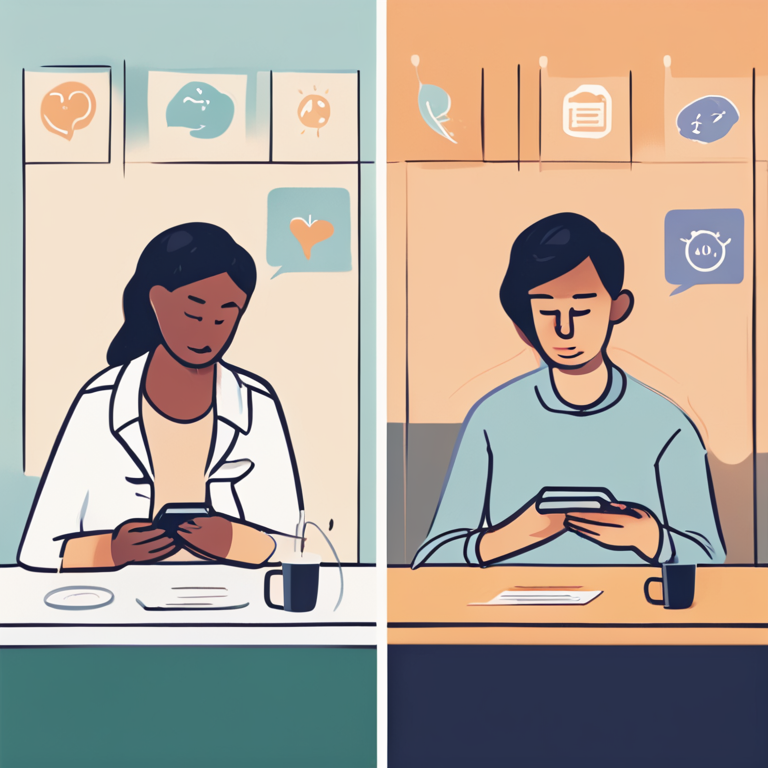 A compassionate split-panel illustration. The left panel shows a person in a calm, private space using a mental wellness app on their phone for daily stress management, with icons for mindfulness and journaling. The right panel shows the same person in a warm, welcoming office engaged in a supportive, face-to-face conversation with a human therapist.