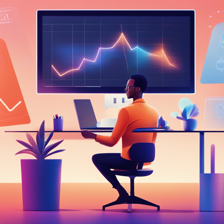 Un emprendedor en su escritorio junto a un cofundador holográfico de IA, simbolizando la colaboración para el crecimiento del proyecto.