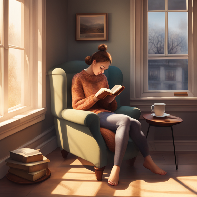 A warm, photorealistic scene of a person sitting in a comfortable armchair next to a window with soft morning light. They are deeply engrossed in a physical book, a steaming mug of tea on a small table beside them. Their smartphone is also on the table, but it's placed face down, clearly set aside and not the center of attention. The overall mood is one of profound peace, mindfulness, and quiet concentration.