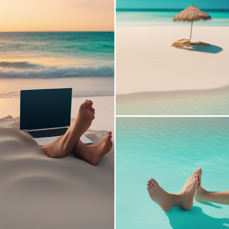 Split-screen image contrasting the digital nomad fantasy (beach, laptop, cocktail) with the reality (stressed person in a messy room with poor wifi).