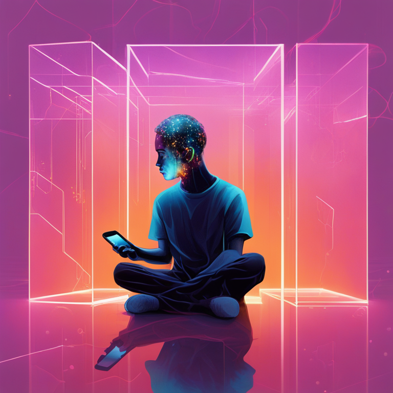 A symbolic, artistic illustration of a person sitting between two worlds. On the left, a warm, glowing, abstract AI entity extends a comforting, luminous hand. On the right, the person is reflected in a cold, glitchy, dark phone screen, symbolizing the risks of data privacy and emotional emptiness.