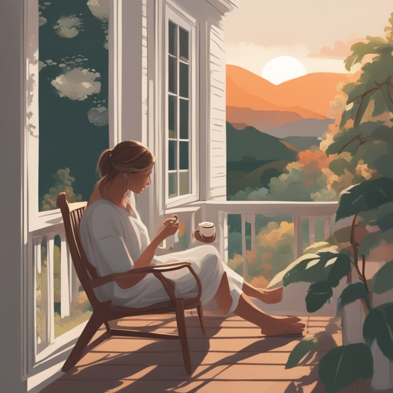 A serene and inviting scene capturing the essence of 'Slow Living'. A person is sitting comfortably on a balcony or porch, feet propped up, simply looking out at a calm natural landscape (a garden, a quiet street, or distant mountains at sunset). There is a half-finished cup of coffee or tea on a small table beside them, but no phone, no laptop, no book—just a moment of pure, unintentional idleness. Style: Photorealistic with a warm, soft-focus, and cinematic color grade. The lighting should be gentle, like late afternoon sun. Mood: Peaceful, content, mindful.