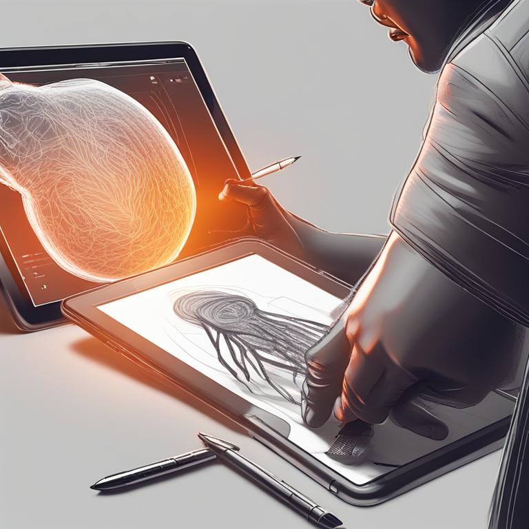 Primer plano de una mano robótica de IA dibujando en una tableta y una mano humana añadiendo un trazo de color vibrante, simbolizando la colaboración y el toque humano indispensable en la creatividad.