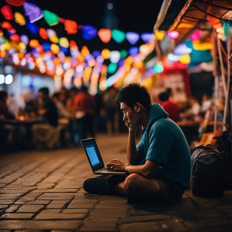 A lone digital nomad with a laptop looks melancholic and disconnected while sitting in the middle of a bustling, vibrant foreign night market.