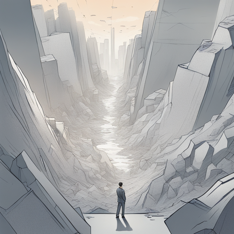 Ilustración de una persona sosteniendo un mapa 'Plan Maestro', mirando desde una oficina gris hacia un paisaje vibrante que representa la libertad freelance.