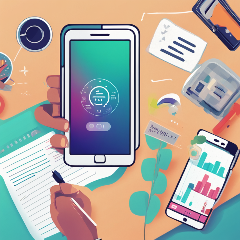 Vista superior de un móvil con la pantalla de 'Tiempo de Uso' junto a un cuaderno, ilustrando el proceso de una auditoría digital personal.