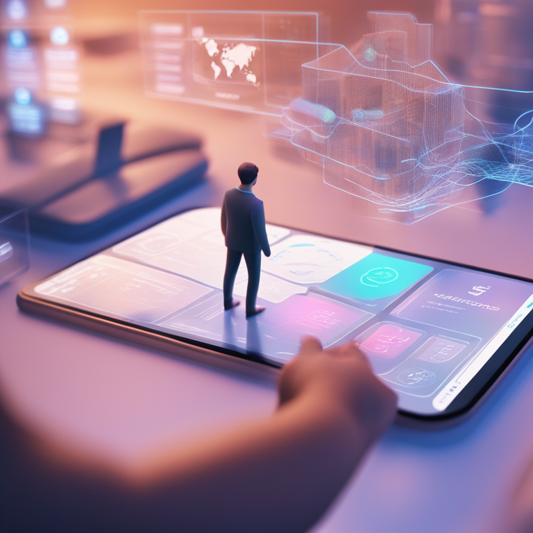 Abstract illustration of a person managing finances, logistics, and wellbeing on a holographic dashboard, bringing order to the chaos of nomad life.